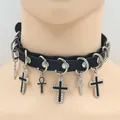 Black leather choker with silver cross pendants and metal rivets for Y2K punk style - Cross Style