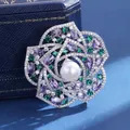 Classic camellia flower brooch with colorful cubic zirconia and a large white pearl - Silver Purple Camellia Style