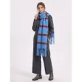 Thick blue striped cashmere scarf with red patterns and long tassels on white background - Blue