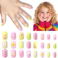 Detail view of colorful cartoon press-on nails for kids with heart and rainbow patterns - Children's Nail Wear Jp9-169ly