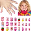 Detailed view of 24pcs pink and blue press-on nails with cute cartoon bears and strawberries - Children's Wearable Nails Jp9-157ly