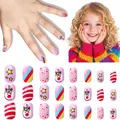 Detail view of pink unicorn children's press-on nails with stars and rainbow patterns - Children's Nail Wear Jp9-156ly