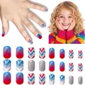 Detail view of 24pcs kids press-on nails with blue-red gradients and silver glitter patterns - Children's Nail Wear Jp9-154ly