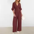 Detail of high-waist pleated bodice and wide-leg cut on burgundy women's jumpsuit - 3XL / Burgundy