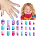 Cartoon press-on nails for kids with pink heart and purple star patterns on white background - Children's Wearable Nails Cdmj-10-14