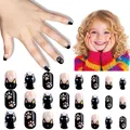 Kids press-on nails set featuring cute black cat and paw prints in pink and black - Children's Wearable Nails Cdmj-10-94