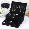 Three-layer black velvet jewelry box with lock and drawer for rings and necklaces - Black