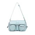 Detail view of mint blue Y2K baguette bag with multi-pockets and metal buckles - Blue