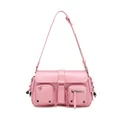 Detail of pink faux leather shoulder bag with functional pockets and silver hardware - Pink