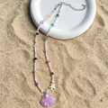 Y2K colorful beaded necklace with purple shell pendant and starfish charm on white tray - 01 Purple (X287)
