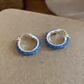 Modern silver hoop earrings featuring geometric blue crystal embellishments - 82# Silver Lake Blue Crystal Hoop Earrings