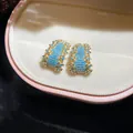 Elegant gold-plated hoop earrings with turquoise crystal stones in a vintage floral design - 36# Silver Earring Post-Gold-Blue