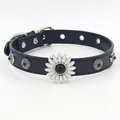 British style leather choker with turquoise flower and metal rivets for women - Black