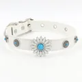 White leather choker with daisy floral motif and turquoise rivets for women - White