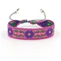 Detailed embroidery of purple flowers and green leaves on a pink woven ethnic bracelet - Style J (J#)