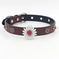 British style brown leather choker with daisy flower and metallic red rivet details - Vintage Brown