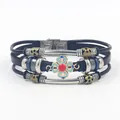 Ethnic bohemian multilayer black leather bracelet with beaded enamel charms and steel clasp - Black Leather Cross Flower