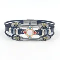 Ethnic multilayer leather bracelet with gemstone cross charm and stainless steel clasp - Black Leather Geometric Flower