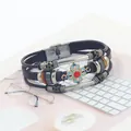 Multilayer leather bracelet with vintage alloy charms and enamel flower pendant for women - Brown Leather Cross Flower