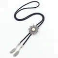 Western Bolo tie with silver flame slide, white turquoise stone and feather pendants - White Howlite