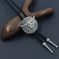 Vintage western silver bull skull bolo tie with black braided leather cord and metal tips - Bull Head Decoration