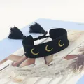 2cm wide black woven fabric bracelet with gold moon embroidery and tassel details - Moon Style / Black