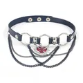 Punk black leather choker necklace with skull rings and layered metal heart tassel chains - Heart Chain Style