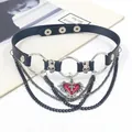 Punk leather choker with red heart pendant, silver chains, and gothic skull details - Heart Cross Style