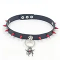 Gothic punk black leather choker with red spikes and a silver spider pendant - Red Rivet Spider