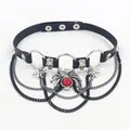 Punk leather choker with spider pendant, skull charms, red gemstone and layered chains - Spider Style