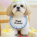 Cute pet birthday set with blue plaid bib and yellow party hat for dogs and cats - Blue Plaid Lace Birthday Bib With Hat