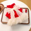 Detail of red pet velvet dress featuring a large cream mesh bow and pearl trimmings - XS / Red Pearl Lace Mesh Dress