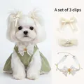Three-piece pet accessory set with lace collar, pearl bow clips, and yellow gemstone pendant - Yellow Accessory Set / One Size / Yellow