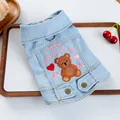 Chaleco vaquero azul claro para perro pequeño con bordado de oso y anillo en D de metal - XS / Pecho 28-32cm Espalda 18-22cm / Azul claro
