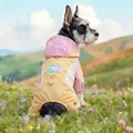 Detail of pink and yellow pet raincoat featuring Happy Faces patch and leash D-ring attachment - XS / Yellow and Purple
