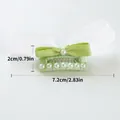 Detail view of light green mesh bow pet hair clip with pearls measuring 7.2x2 cm - Mint Green Pearl White Gauze Bowknot BB Clip