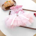 Vestido de novia rosa para mascotas con falda tutú de capas y lazo grande con perla - XS Pecho 30 Largo 20 / Falda Tutú Vals Rosa