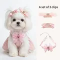Detailed pet accessory set with pink lace collar and rhinestone pearl bow hair clips - Pink Accessory Set / One Size / Pink