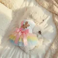 Regenbogen Haustierkleid mit Hasenstickerei und rosa Satinschleife für Hunde und Katzen - XS / Regenbogen Hase Ostern Tutu Kleid
