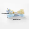 Detail of pet lace bow hairclip with heart jewel and dimensions 9.5cm by 2.5cm - Gem Lace Bowknot BB Clip-Yellow Blue