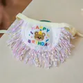 Detail of dog birthday bib with HAPPY BIRTHDAY embroidery and colorful tassels - S / Birthday Bear Bib