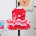 Pink and red layered tulle pet dress with large bow and heart pearl for small dogs - XS / Red Pink Sweetheart Tutu