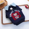 Detail of navy dog hoodie featuring bear embroidery, number 8, and built-in D-ring - XS / Navy Blue
