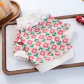Pink and white knitted pet sweater with red floral patterns and lace collar detail - XS / Pink Tulip