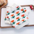 Detailed view of dog knit vest featuring orange floral patterns and white lace collar - XS / Tulip White