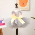 Pink and grey pet dress with lace top, rabbit ears, and a yellow bow for small dogs - XS / Chris Bunny Tutu Skirt