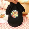 Close-up of black pet t-shirt with a colorful cartoon lion print in soft cotton - Colorful Lion (Black)