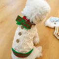 Detail of hollow knit pet sweater with wood buttons and festive red-green bow accent - Red & Green