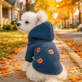 Gros plan du sweat à capuche pour chien en polaire sherpa bleu foncé au parc en automne - XS / Hauts / Écusson Ours - Bleu