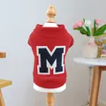 Red pet sweater with embroidered M letter design displayed on a wooden dog mannequin - S-Chest 35 Length 25cm Approx. 2-3kg / Letter M Sweatshirt Style (Top) / Red